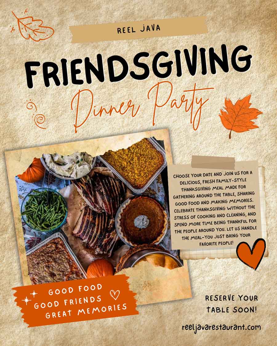 An autumn Friendsgiving dinner spread with spices, corn, and pumpkins on a festive flyer.