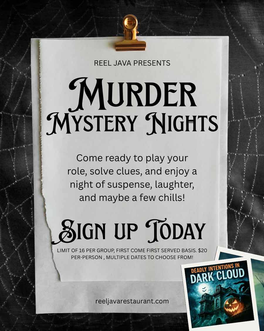 Poster for Murder Mystery Nights with cobweb background and event details, plus a small flyer.