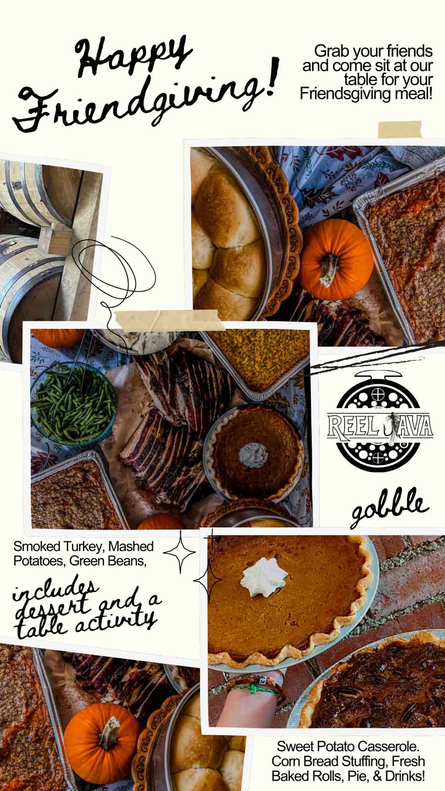 Friendsgiving flyer at Reel Java Thanksgiving 2024