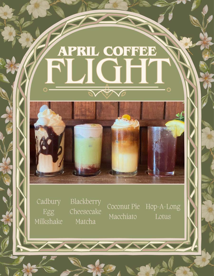 Four specialty drinks in glasses labeled: Cadbury Egg Milkshake, Blackberry Cheesecake Matcha, Coconut Pie Macchiato, Hop-A-Long Lotus.