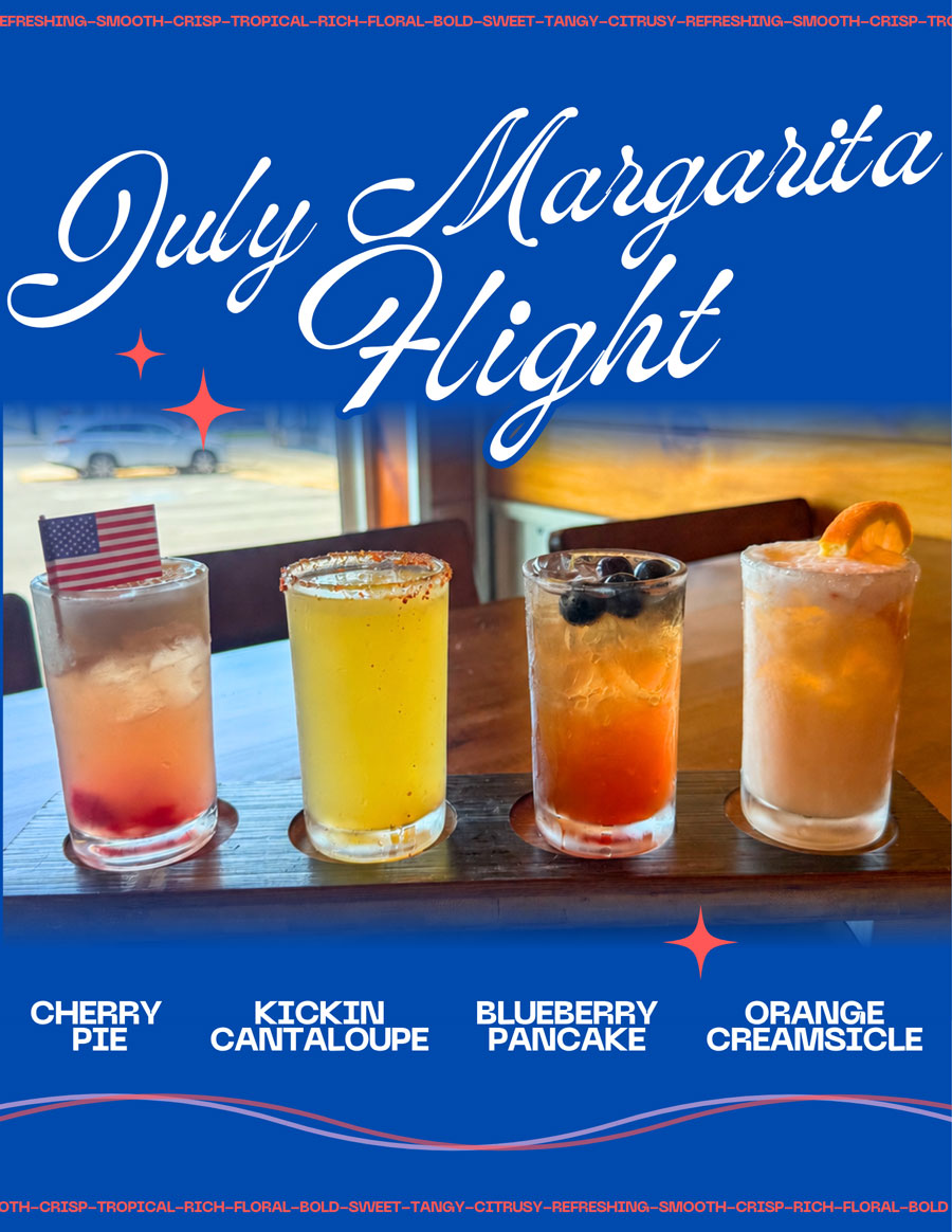 Four margaritas in glasses, each with fruit garnish, labeled: Cherry Pie, Cantaloupe, Blueberry, Orange.