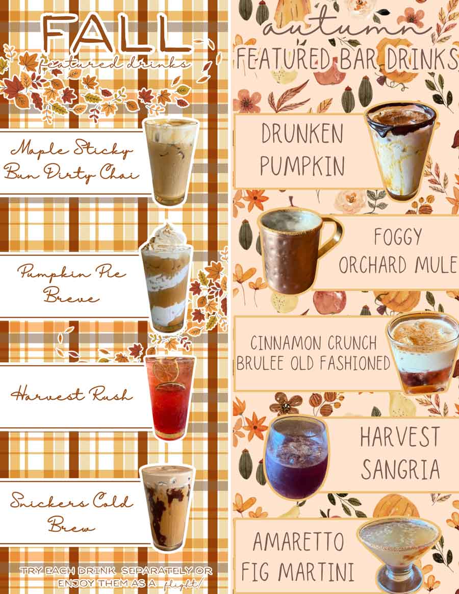 Fall-themed menu with photos of seasonal drinks including chai, mule, sangria, and martini.