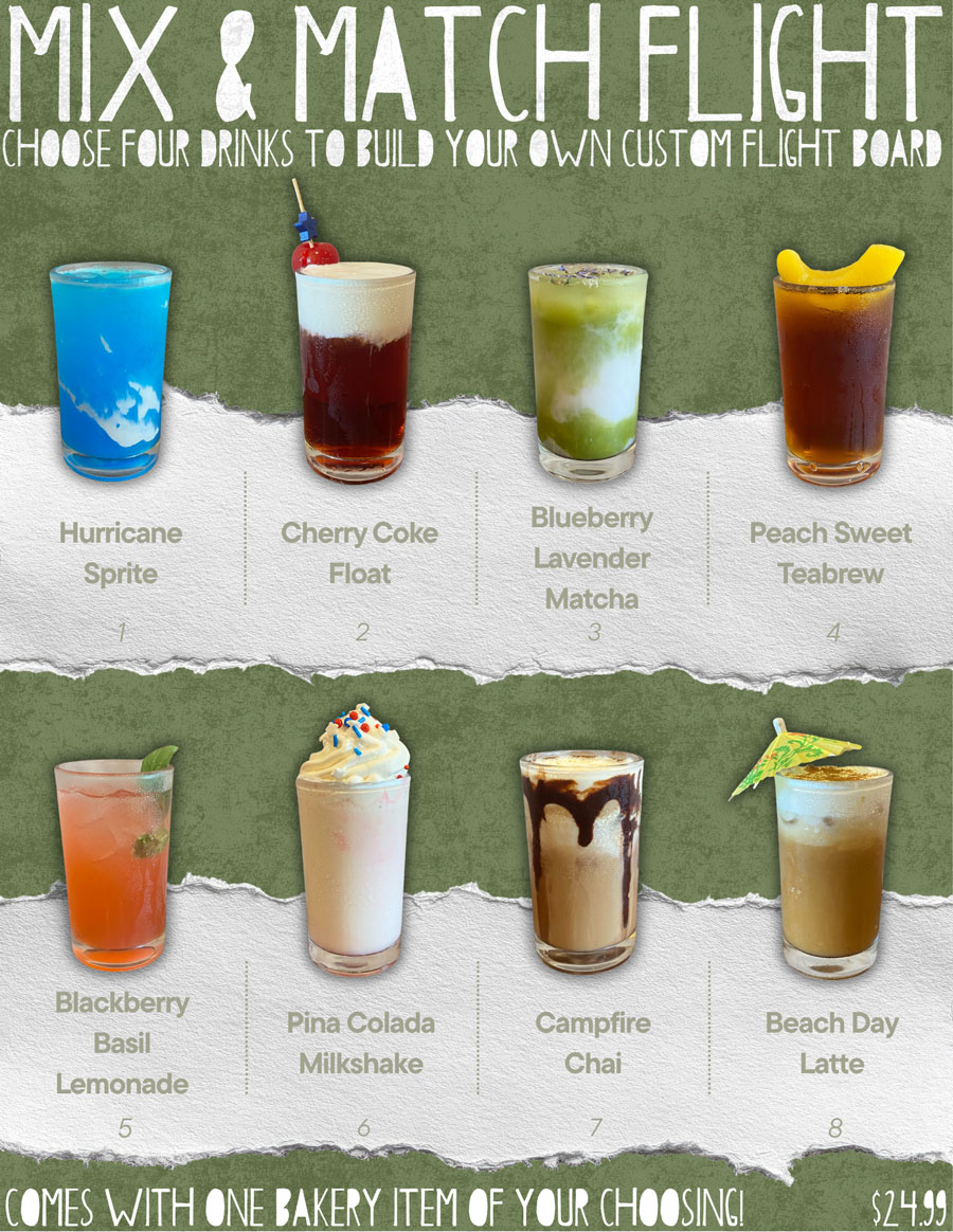 Eight colorful specialty drinks are displayed in a row on a textured green and white background.