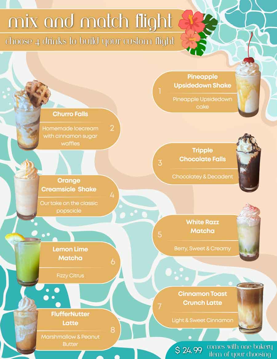 Menu with images of seven milkshakes, each labeled with flavors and descriptions on a blue background.