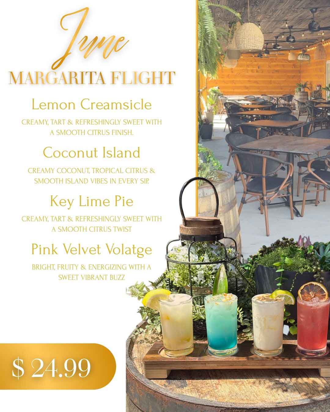 Four colorful margaritas on a tray with a menu listing June margarita flavors and a $24.99 price.