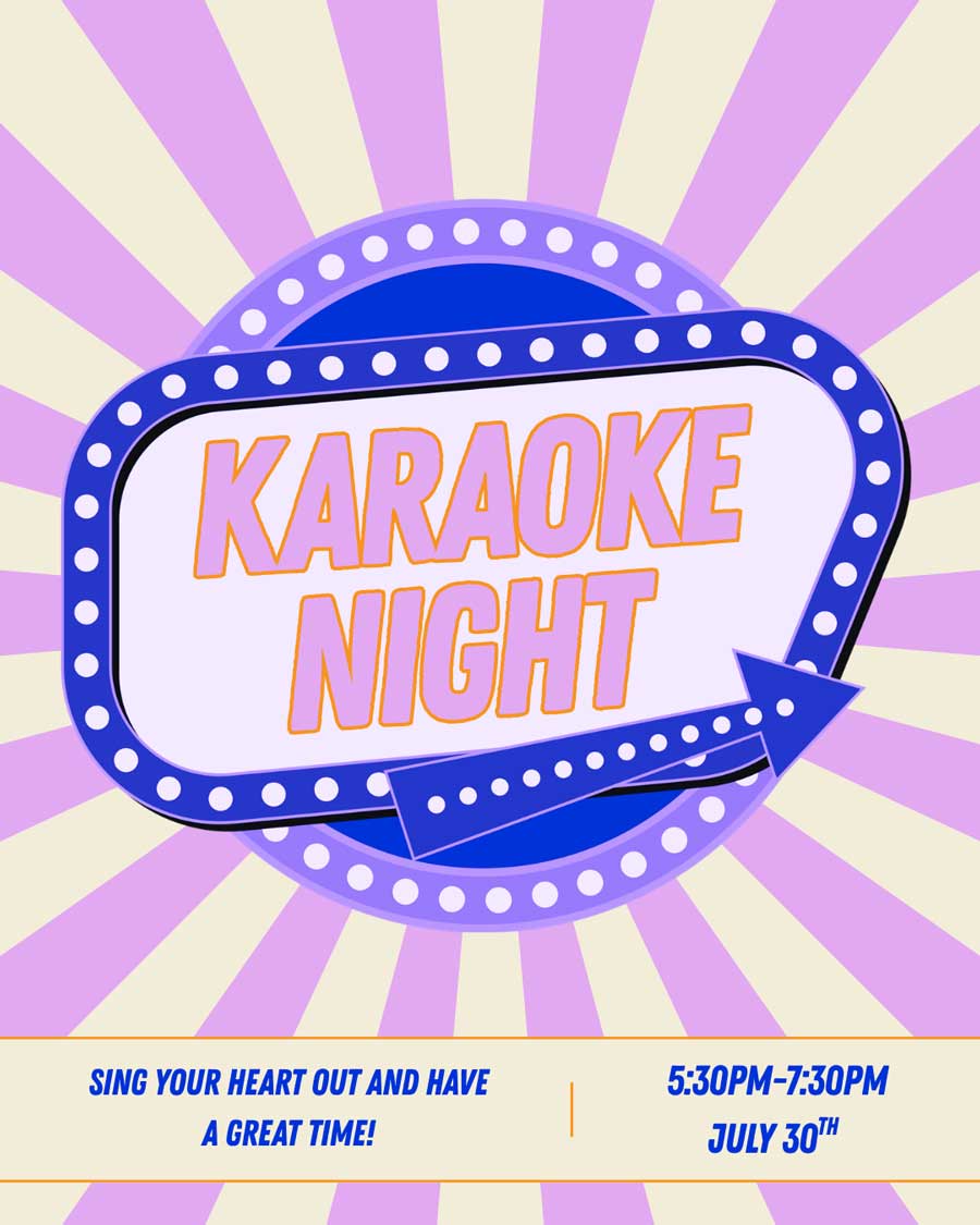 Retro sign reading Karaoke Night with event details: July 30th, 5:30–7:30pm.