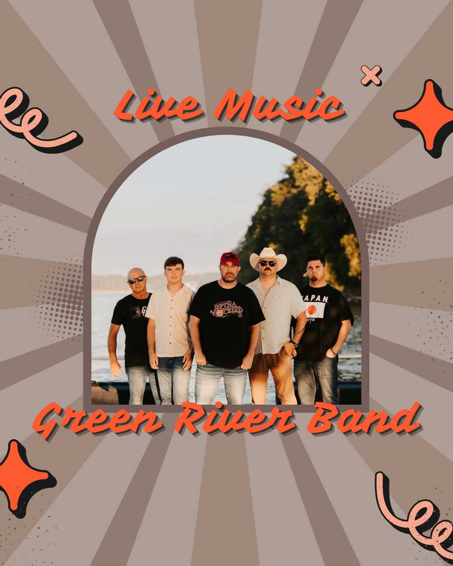 Five men stand outdoors by water; text reads Live Music Green River Band.