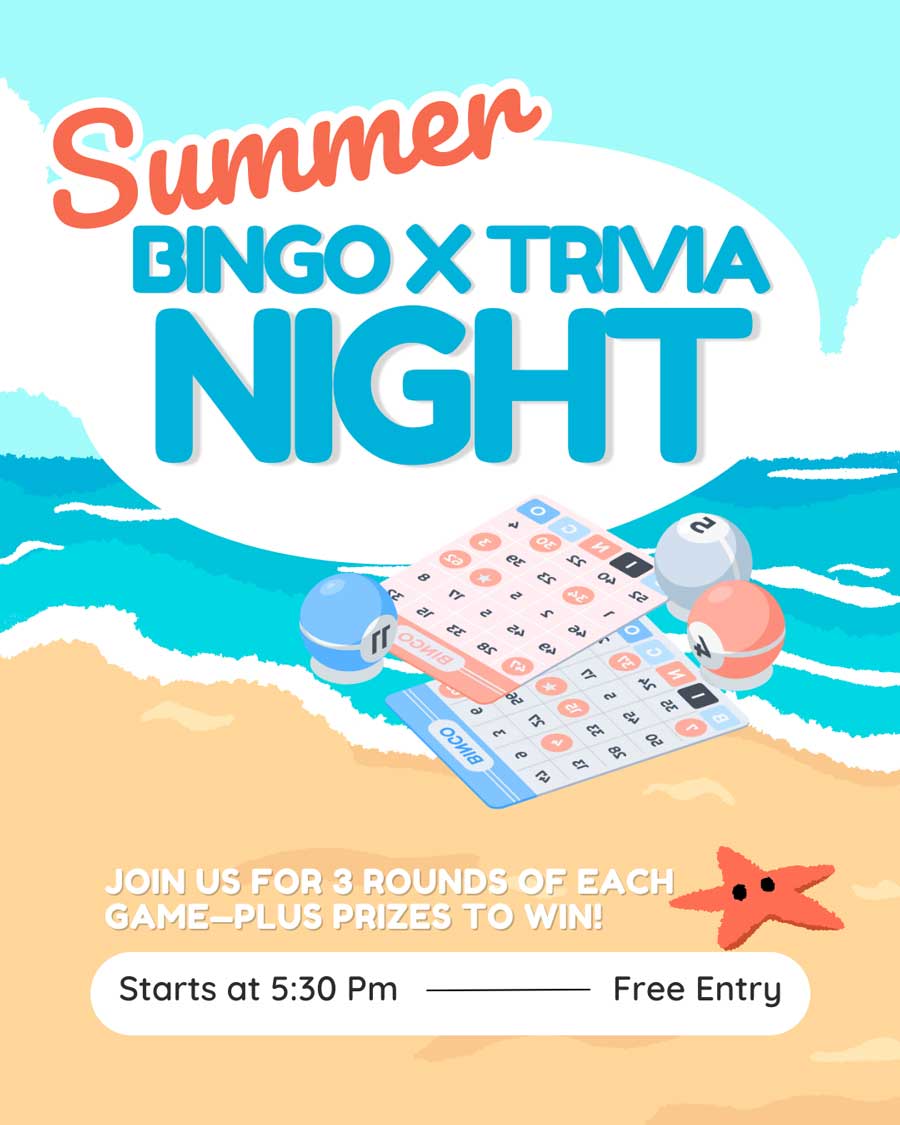 Colorful flyer for Summer Bingo x Trivia Night on a beach with bingo cards and game balls.
