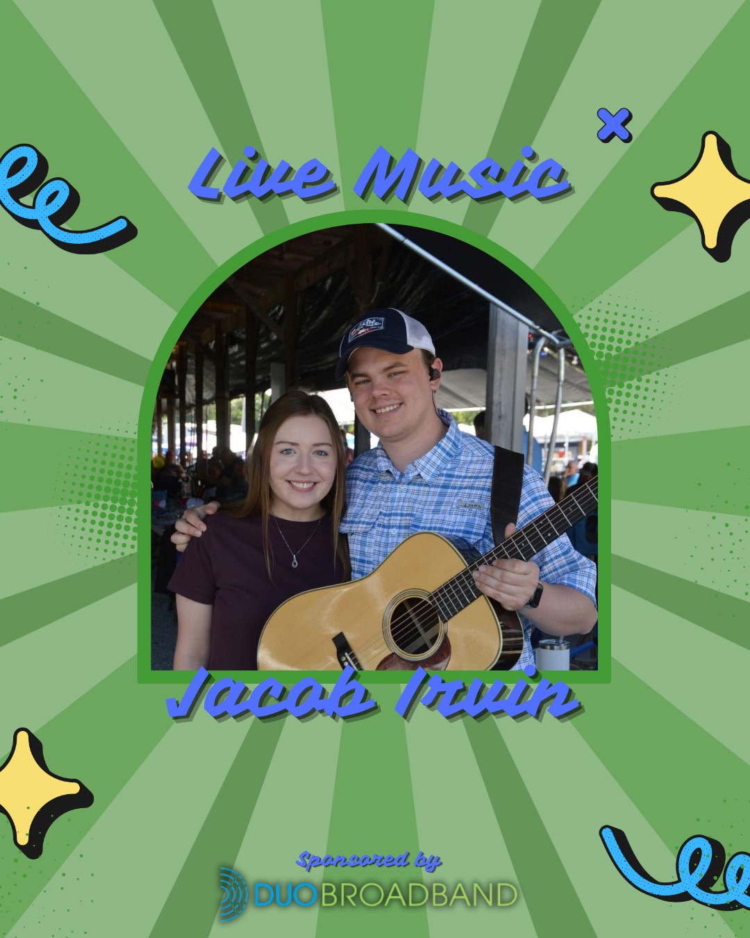 A smiling young man with a guitar and a young woman at a live music event, green background.