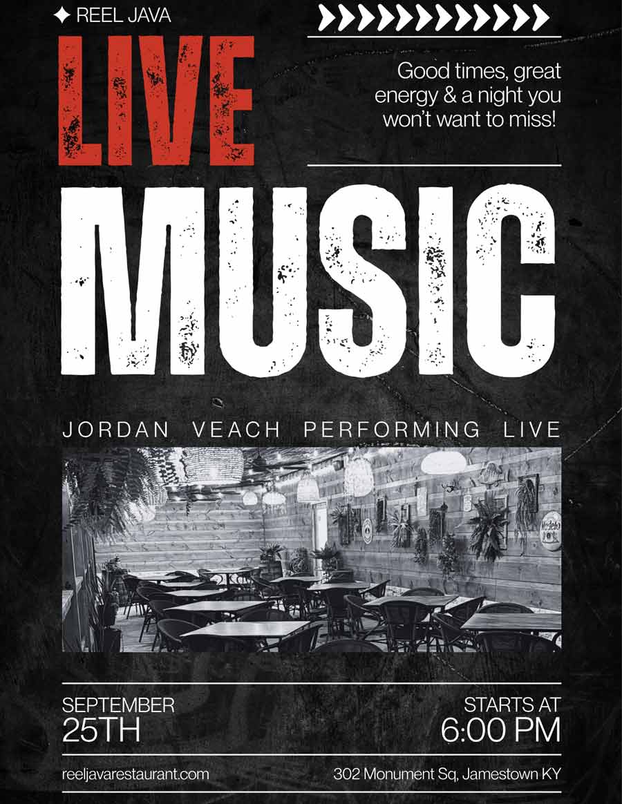 Poster for live music on Sept 25 at 6 PM, with tables and chairs in a cozy indoor venue.