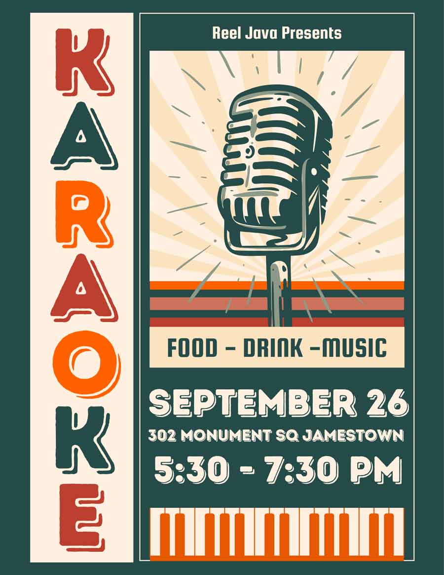 Poster with a vintage mic, Karaoke, event details, and piano keys at the bottom.