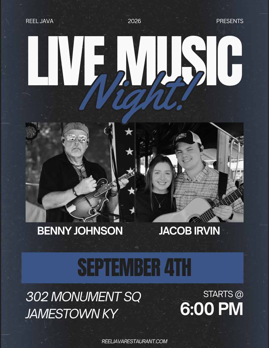 Live music at Reel Java with Benny Johnson and Jacob Irvin, September 4th, 6 PM.