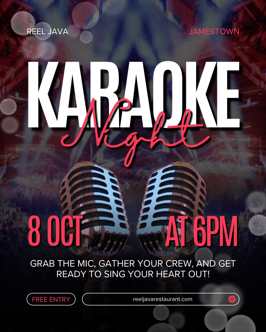 Karaoke Night poster with microphones, event date October 8, and start time 6 PM.