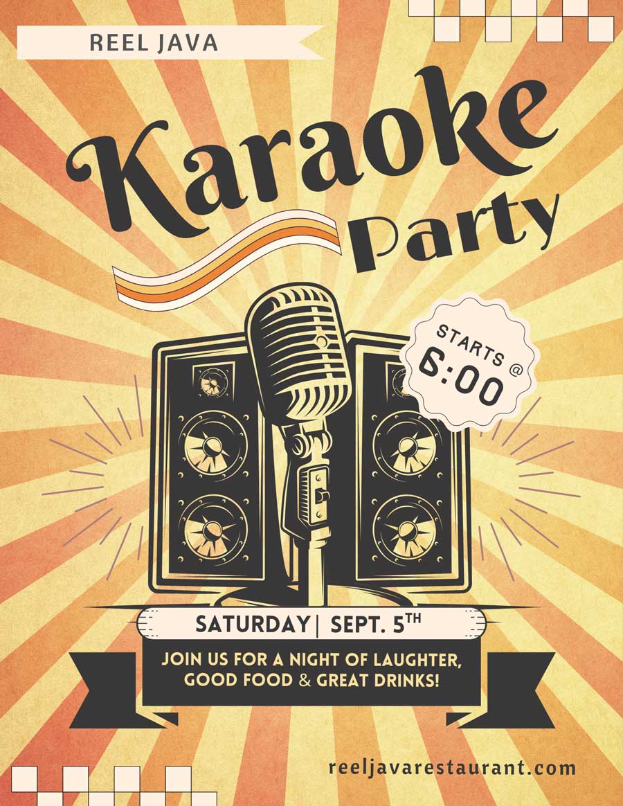 Retro karaoke party poster with a microphone, speakers, and event details in bold, colorful design.