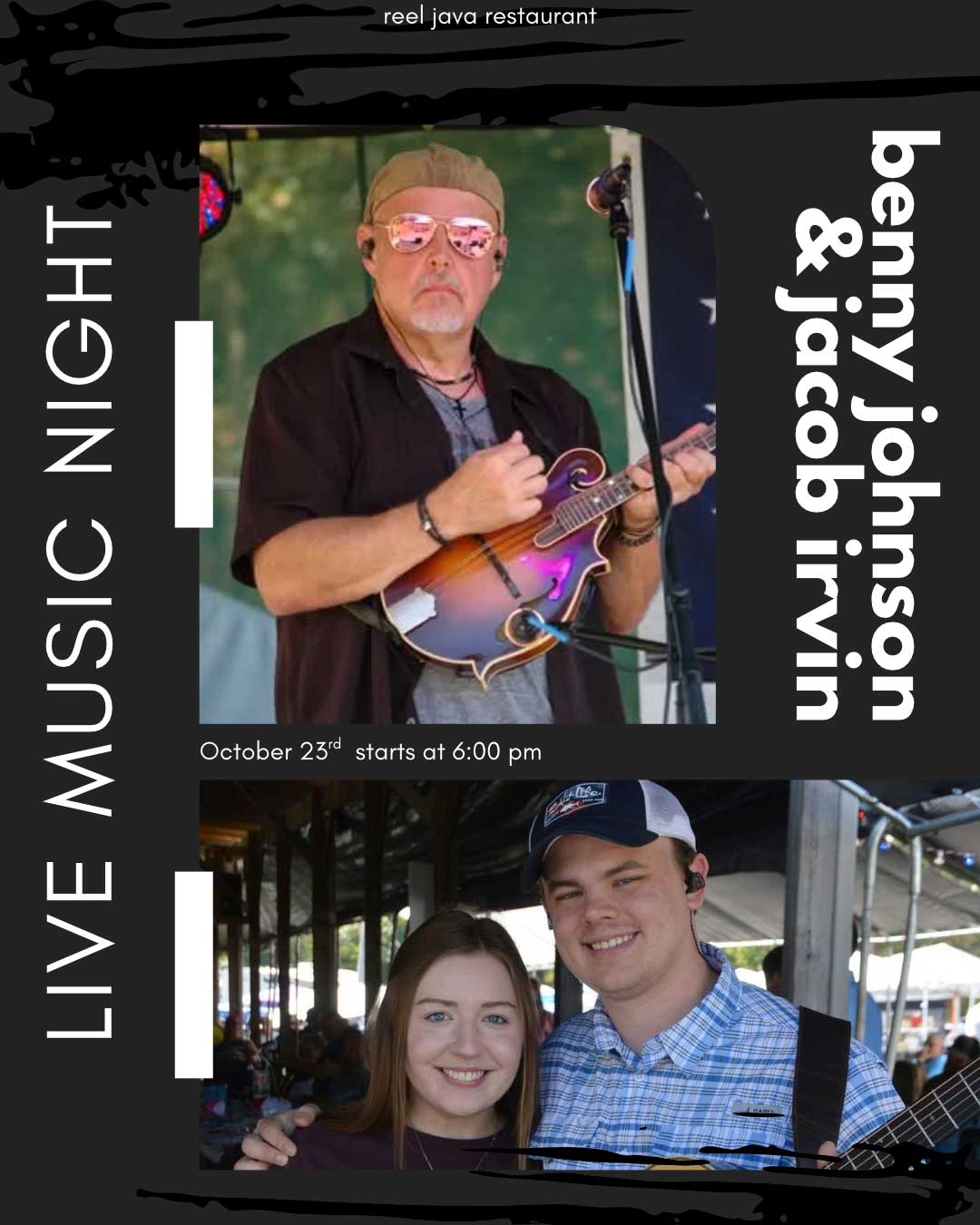 Man plays mandolin on stage; smiling couple poses. Text: Live Music Night, October 23rd, 6 pm..