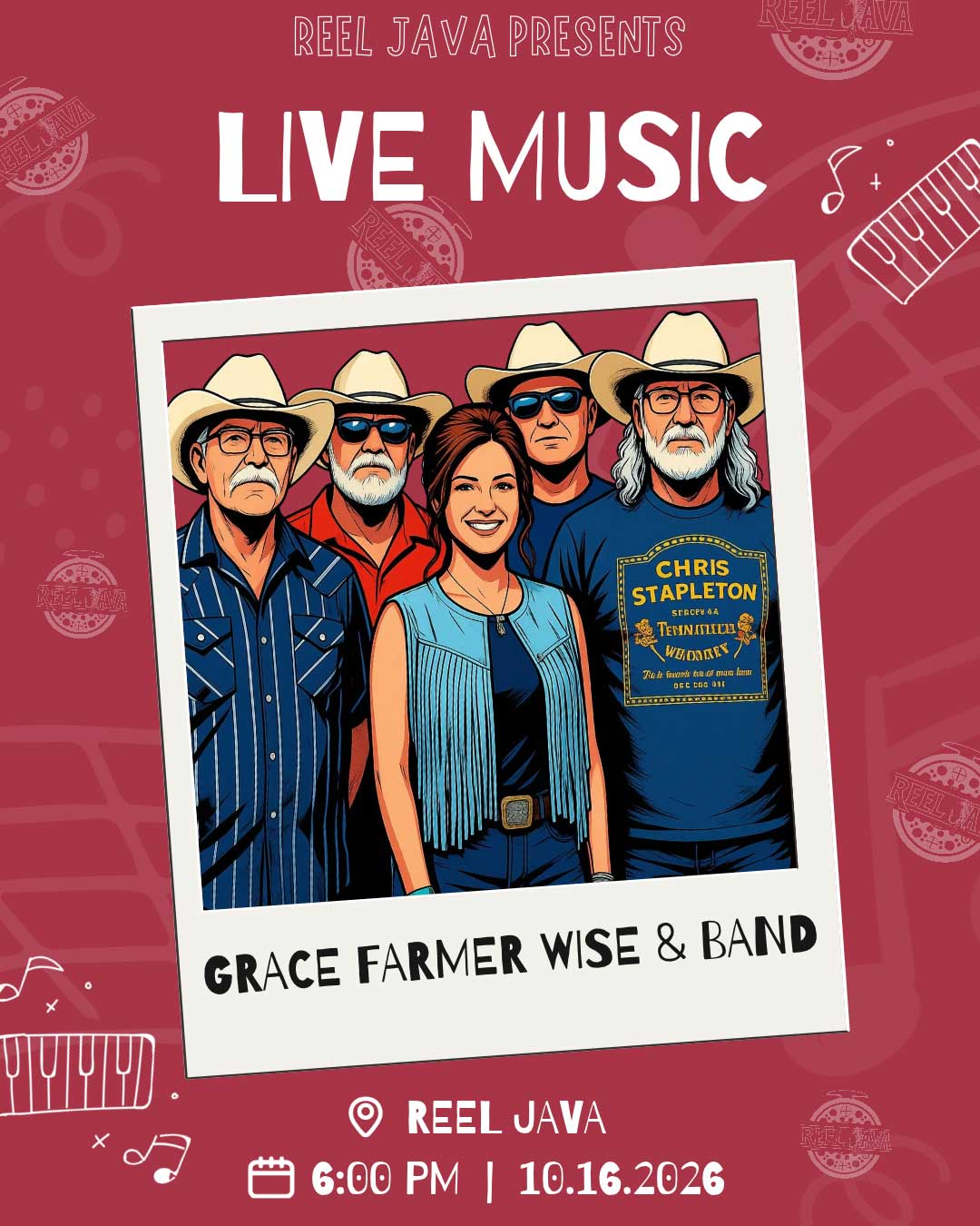 Five band members in hats pose together for a live music event poster at Reel Java.