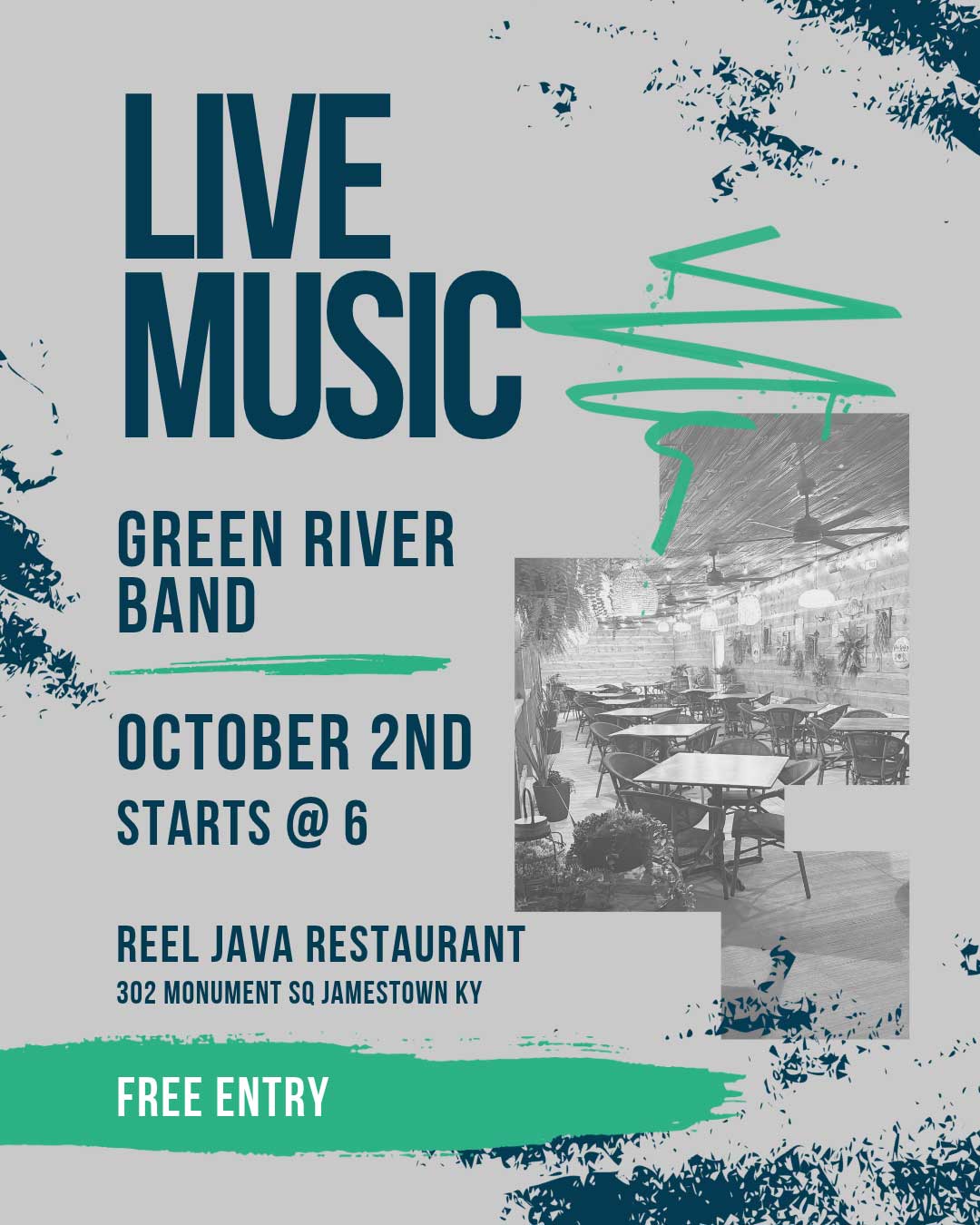 Live music poster for Green River Band, show on October 2nd at Reel Java Restaurant, free entry.