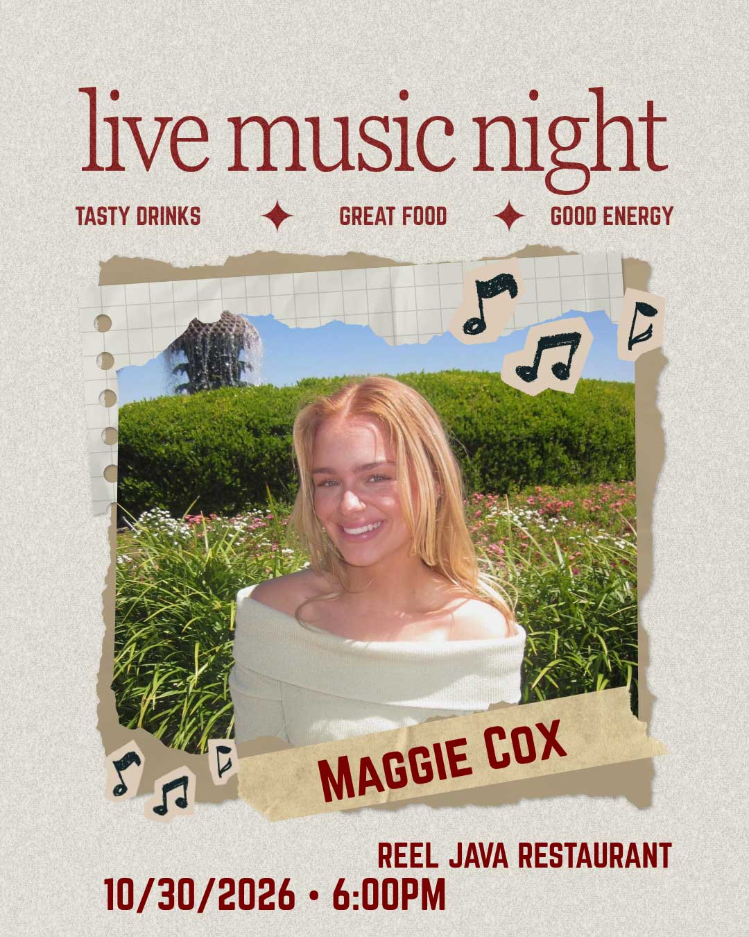 Smiling woman outdoors on a poster for a live music night at Reel Java Restaurant, 10/30/2026.