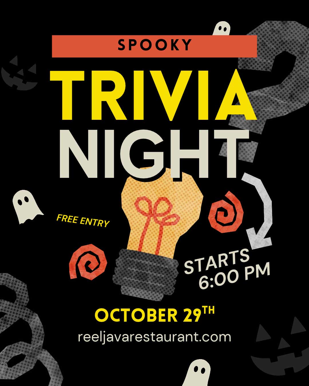 Spooky Trivia Night poster with ghost, pumpkin, and lightbulb art. Event on October 29th, 6:00 PM.